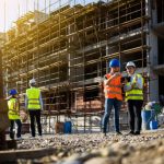 Four construction workers having meeting